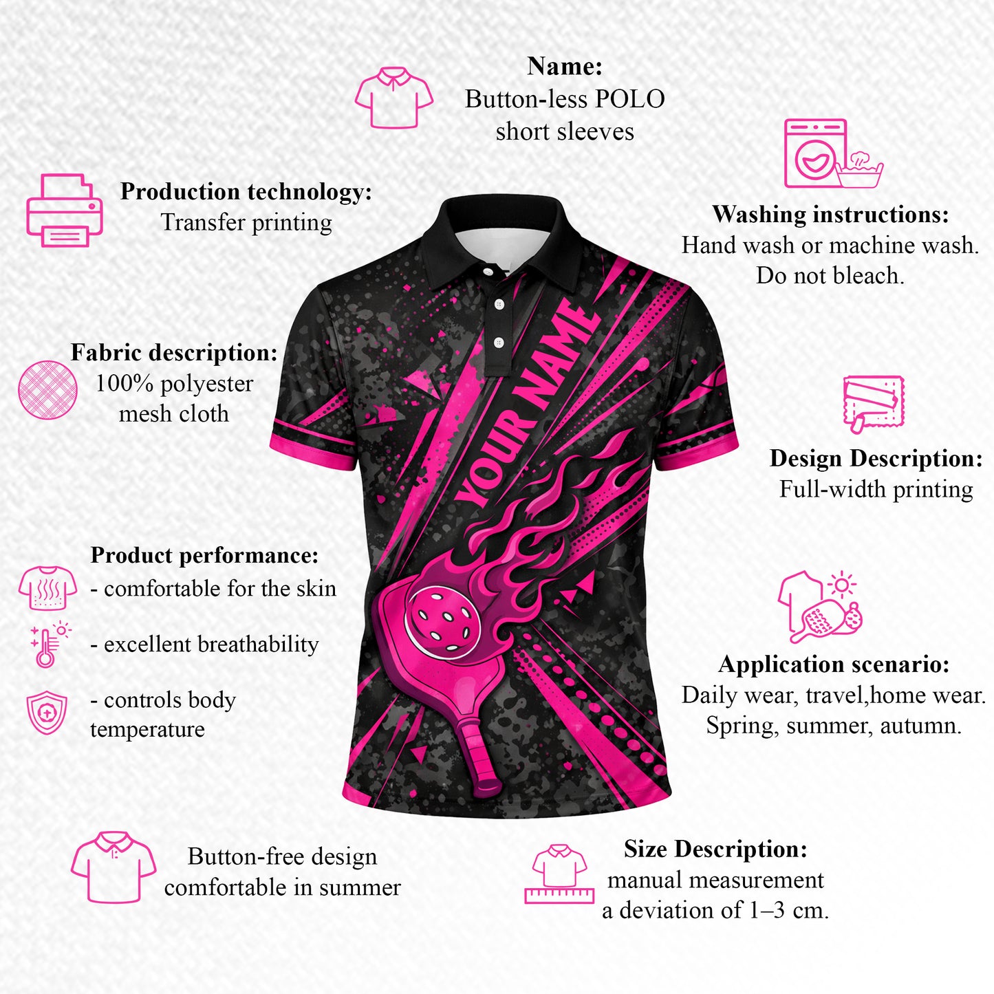 Custom Pickleball Polo Shirt Pink Flame Paddle Design Personalized Name Team Shirt Breathable Performance