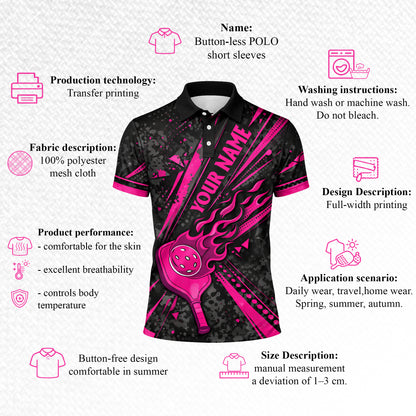 Custom Pickleball Polo Shirt Pink Flame Paddle Design Personalized Name Team Shirt Breathable Performance