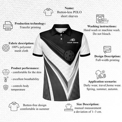 Custom Pickleball Polo Shirt Black White Personalized Name Performance Sports Polo for Men Women