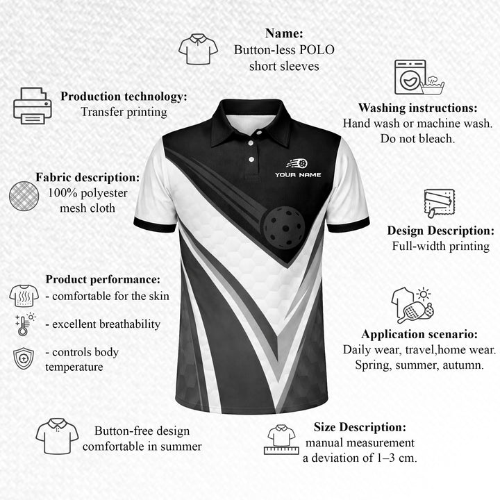 Custom Pickleball Polo Shirt Black White Personalized Name Performance Sports Polo for Men Women