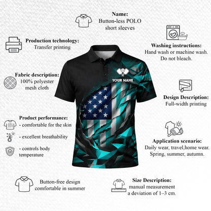 Personalized Pickleball Polo Shirt USA Flag Style Custom Name Team Shirt Breathable Performance Top