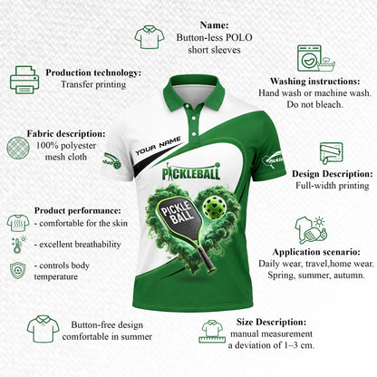 Pickleball Polo Shirt Custom Name Green White Heart Paddle Ball Sports Shirt Gift