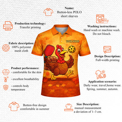 Funny Turkey Pickleball Polo Shirt Custom Name Team Shirt Thanksgiving Pickleball Outfit Breathable Mesh Top