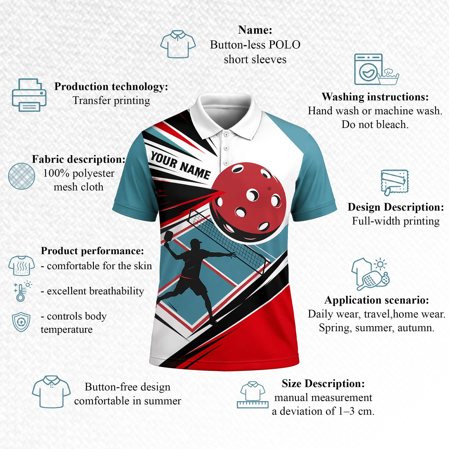 Men's Pickleball Polo Shirt Personalized Name Team Custom Short Sleeve Athletic Golf Polo Teal Red White Black Player Print