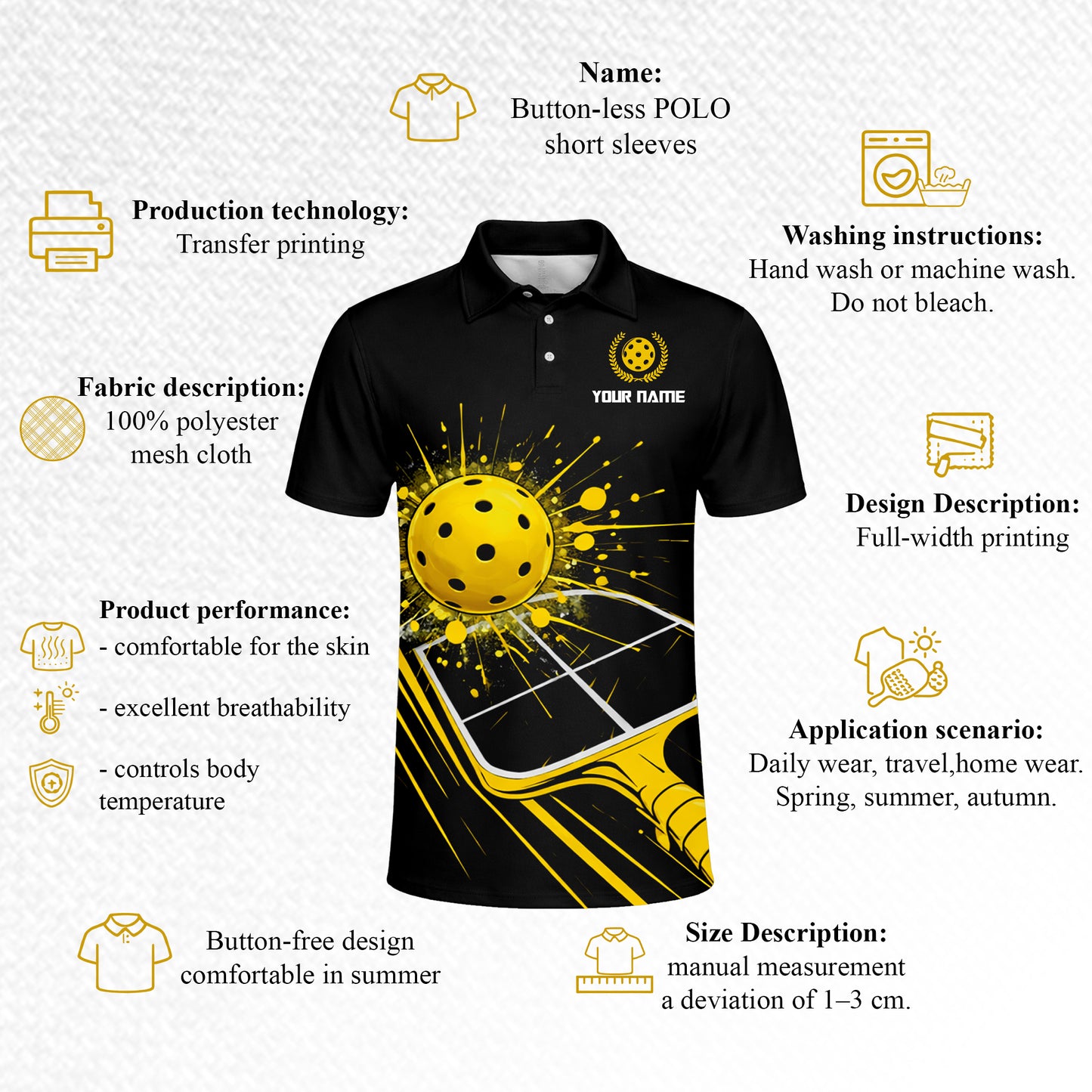Pickleball Polo Shirt Custom Name Team Shirt Black Yellow Paddle Ball Design Breathable Sports Polo
