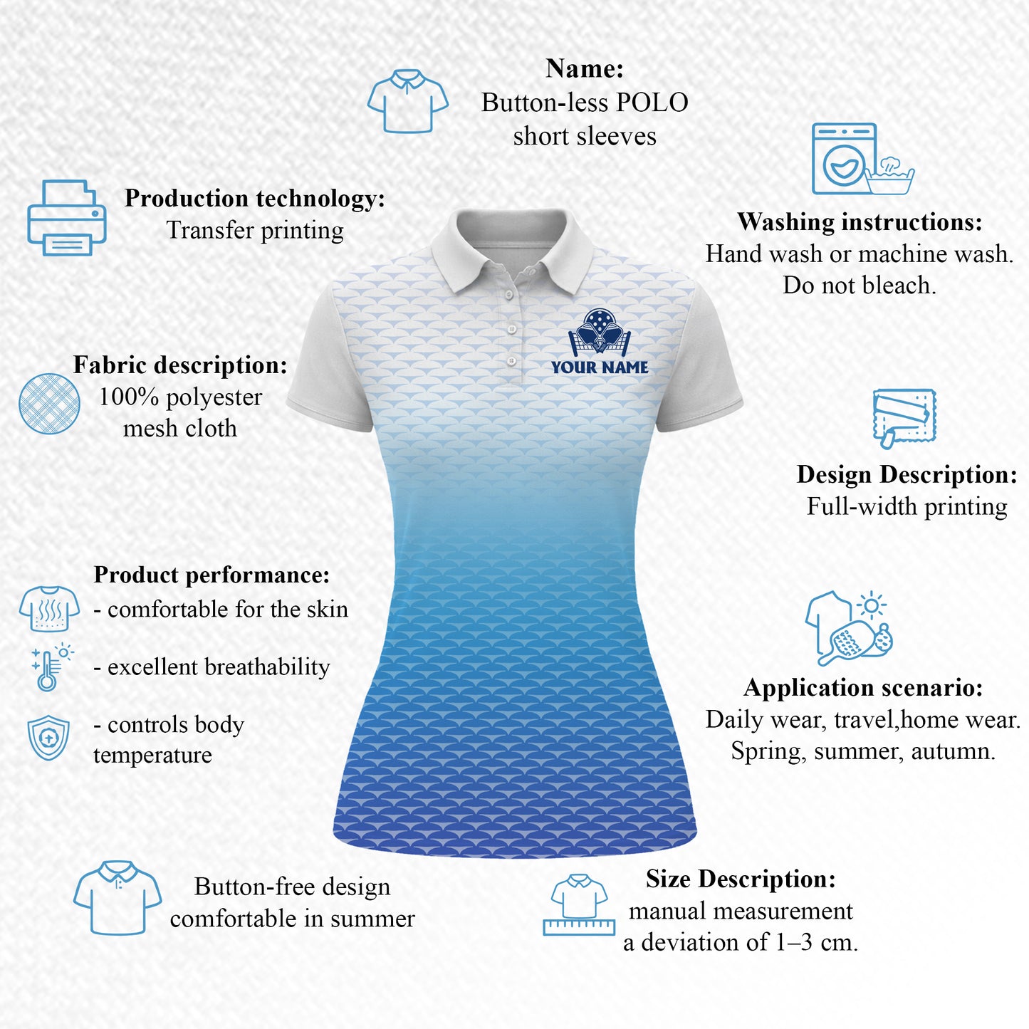 Women s Pickleball Polo Shirt Gradient Blue Pattern Custom Name Team Shirt Breathable Performance