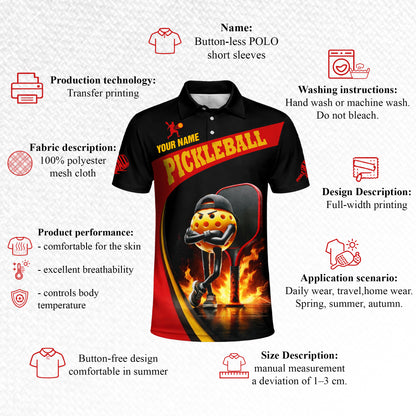 Custom Pickleball Polo Shirt Funny Fire Ball Player Graphic Personalized Name Performance Shirt