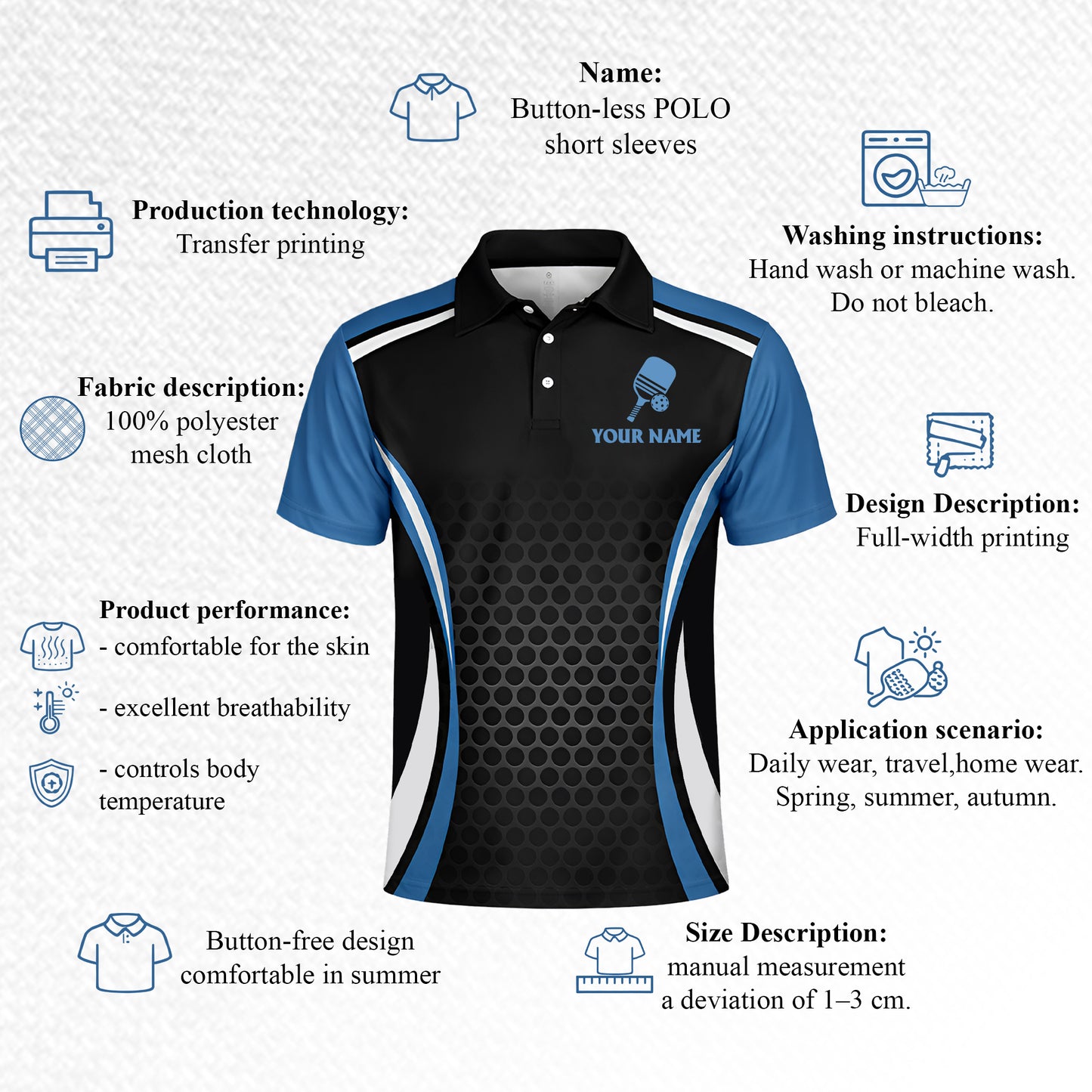 Custom Pickleball Polo Shirt Personalized Team Name Performance Black Blue Shirt Unisex