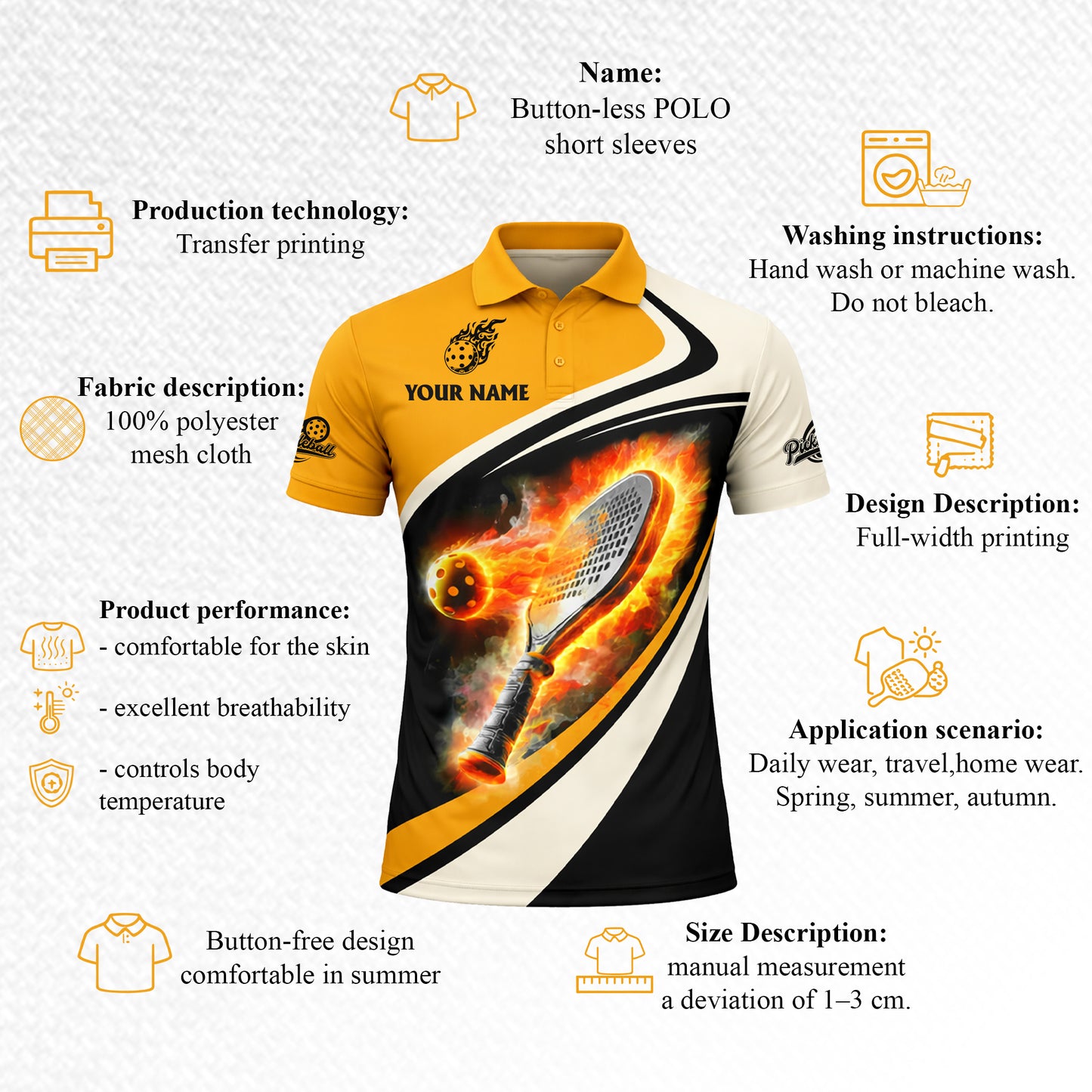 Custom Pickleball Polo Shirt Flaming Paddle Design Personalized Name Performance Sports Shirt Black Gold