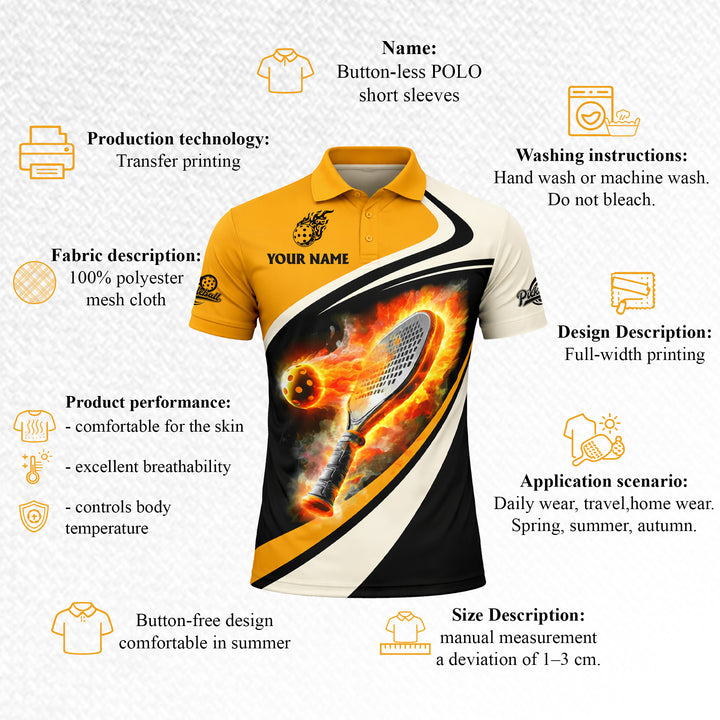 Custom Pickleball Polo Shirt Flaming Paddle Design Personalized Name Performance Sports Shirt Black Gold