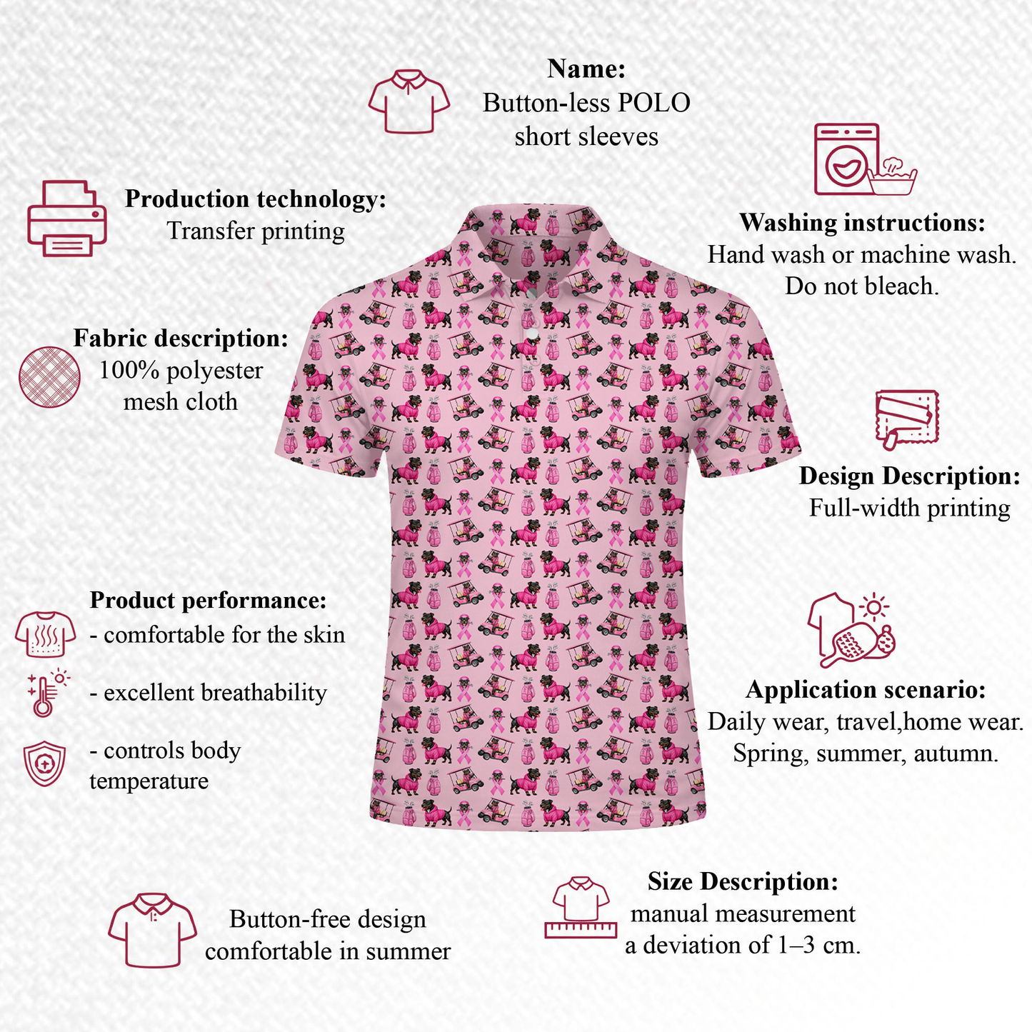 Pink Golf Polo Shirt with Dog Print – Breast Cancer Awareness Ribbon All Over Print Polo