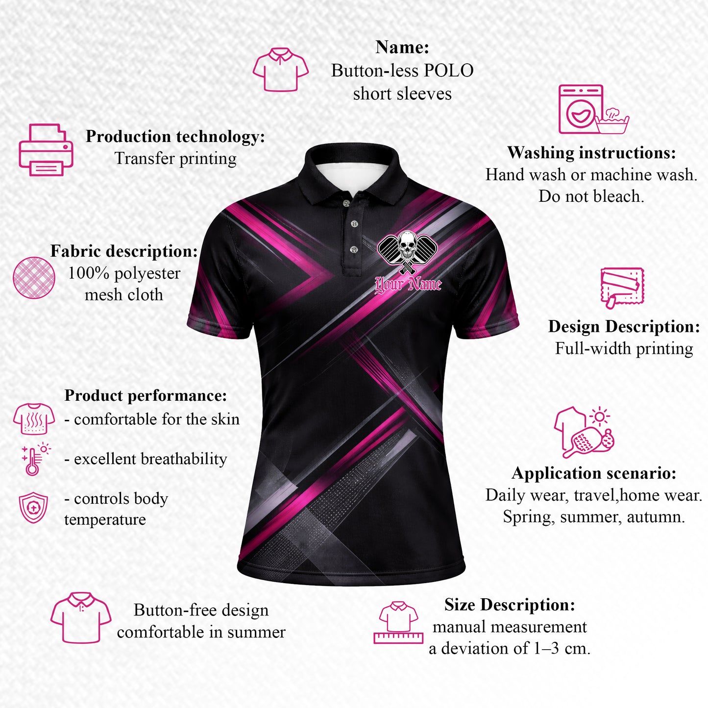 Custom Team Pickleball Polo Shirt Personalized Name Skull Paddle Sport Shirt Black Pink Performance Polo
