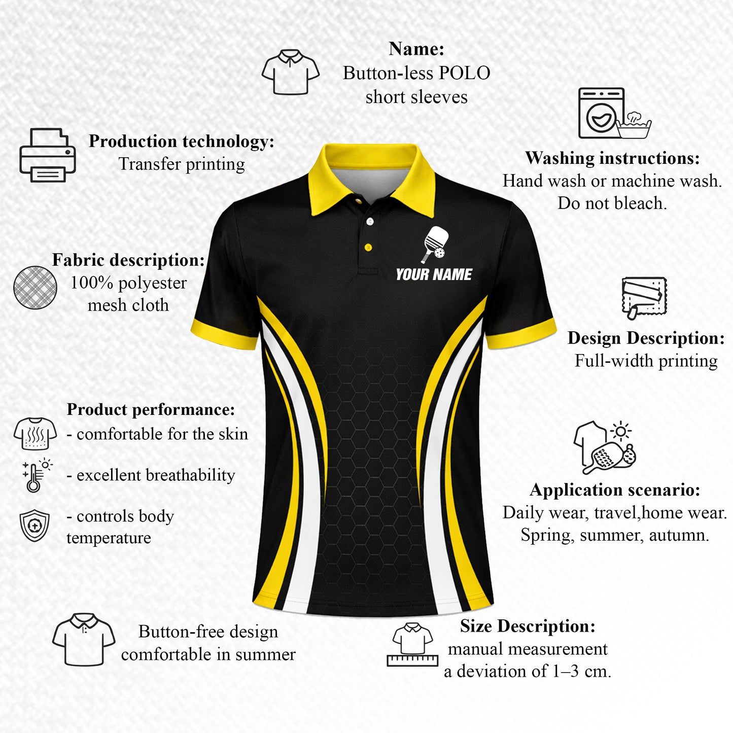 Custom Pickleball Polo Shirt Personalized Name Team Pickleball Jersey Black Yellow Performance Polo