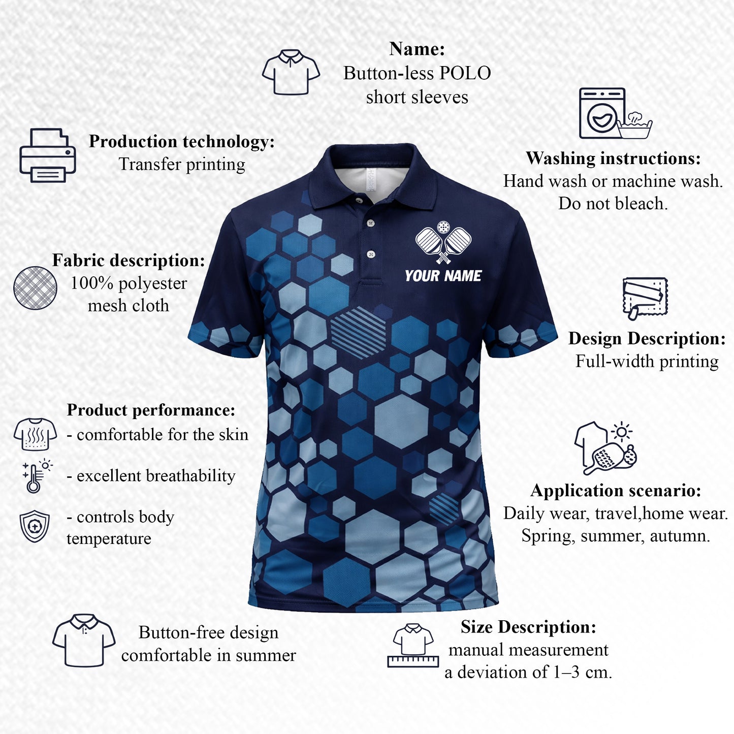 Custom Pickleball Polo Shirt Blue Hexagon Personalized Name Performance Pickleball Shirt Men Women