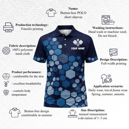 Custom Pickleball Polo Shirt Blue Hexagon Personalized Name Performance Pickleball Shirt Men Women