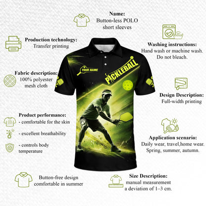 Pickleball Neon Glow Polo Shirt Custom Name Performance Sports Shirt Men Women Athletic Tee