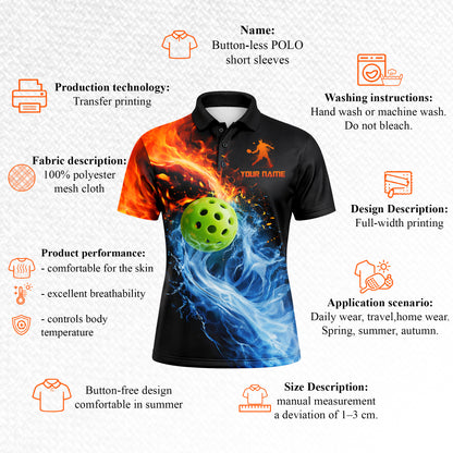 Men's Pickleball Polo Shirt Custom Name Team Fire Water