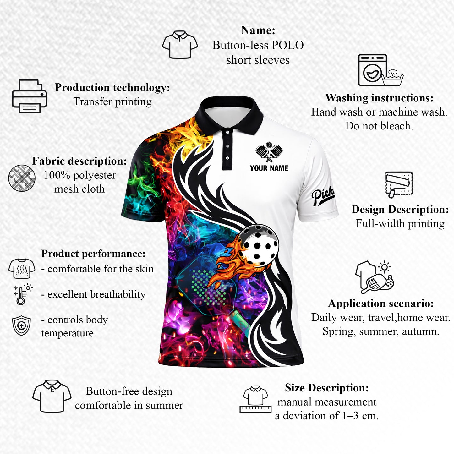 Custom Pickleball Polo Shirt Flame Ball Graphic Personalized Name Team Sports Shirt Breathable Performance