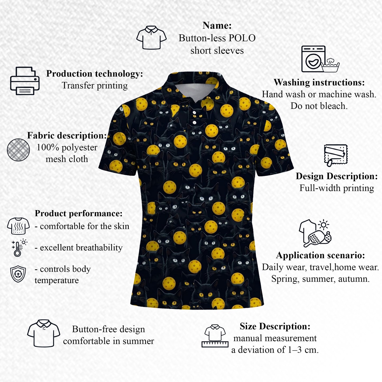 Black Cat Pickleball Polo Shirt Funny Cat Lover Sports Shirt All Over Print Breathable Athletic Tee