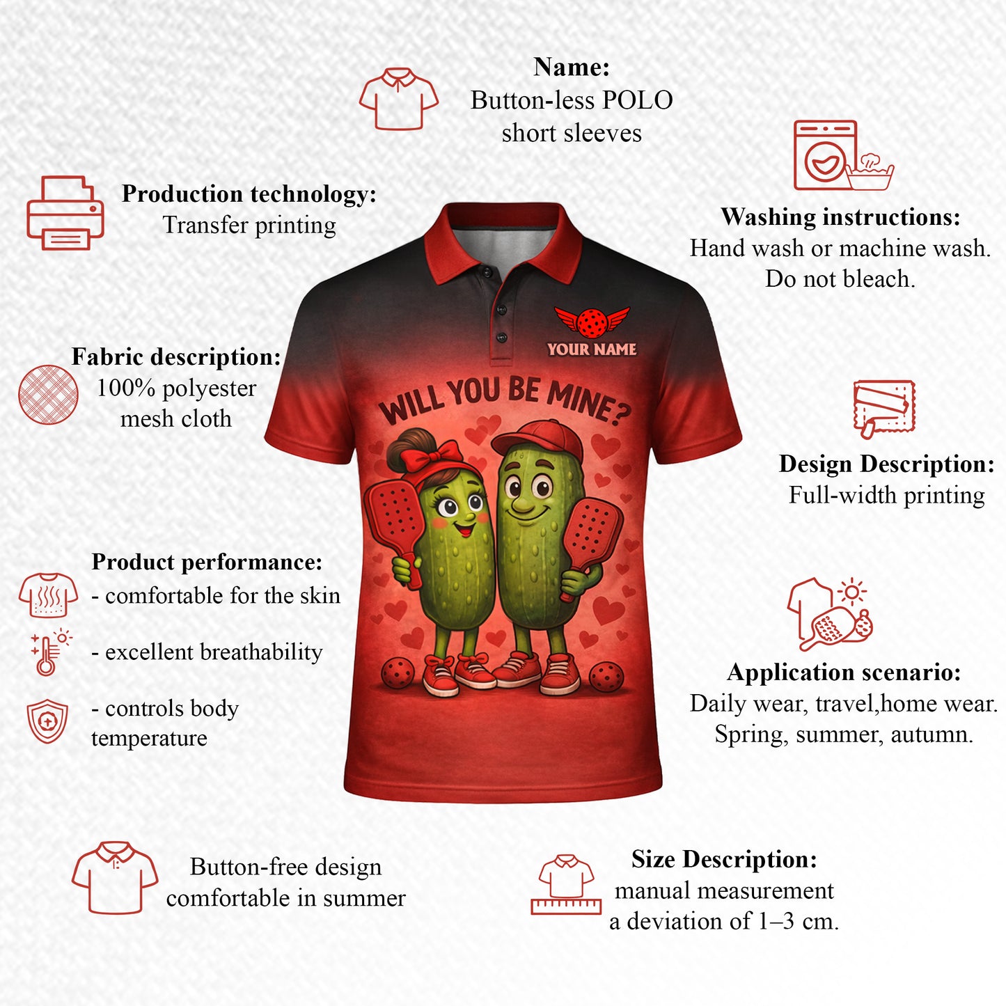 Personalized Valentine Pickleball Polo Shirt Will You Be Mine Cute Pickle Couple Custom Name Team Men's Short Sleeve Red Black Gradient Tee