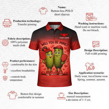Personalized Valentine Pickleball Polo Shirt Will You Be Mine Cute Pickle Couple Custom Name Team Men's Short Sleeve Red Black Gradient Tee