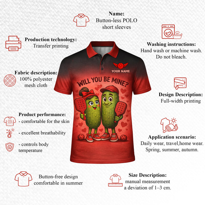 Personalized Valentine Pickleball Polo Shirt Will You Be Mine Cute Pickle Couple Custom Name Team Men's Short Sleeve Red Black Gradient Tee