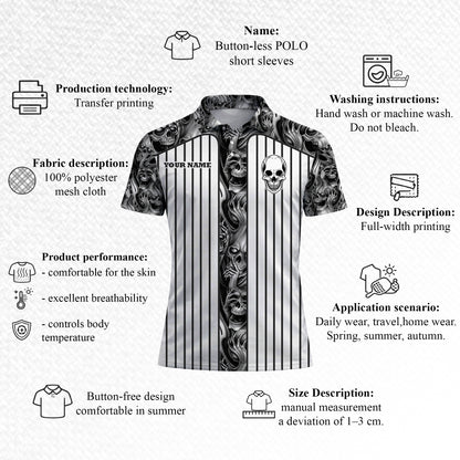 Skull Pickleball Polo Shirt Black White Personalized Name Team Shirt Performance Sports Polo Unisex