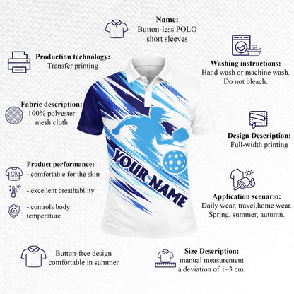 Custom Pickleball Polo Shirt Personalized Team Name Player Name Blue White Sport Shirt