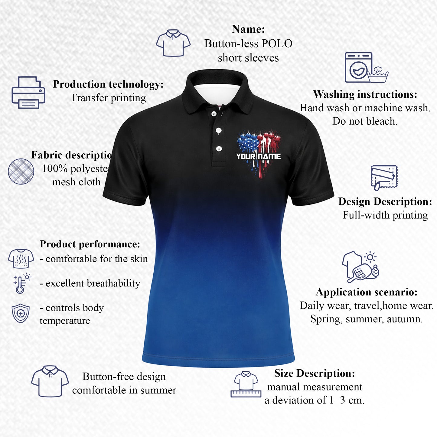 Men's Patriotic Pickleball Polo Shirt Personalized Team Name American Flag Pickleball Balls Custom Short Sleeve Golf Polo Black Blue Gradient