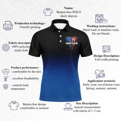 Men's Patriotic Pickleball Polo Shirt Personalized Team Name American Flag Pickleball Balls Custom Short Sleeve Golf Polo Black Blue Gradient