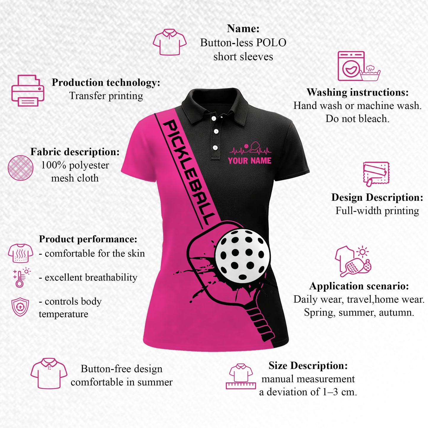 Personalized Pickleball Polo Shirt Women Pink Black Sport Shirt Custom Name Breathable Performance Top