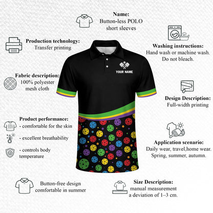 Pickleball Polo Shirt Custom Name Funny Pickleball Pattern Performance Polo Black Colorful