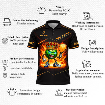 Pickleball Polo Shirt King Ball Fire Graphic Custom Name Breathable Performance Polo