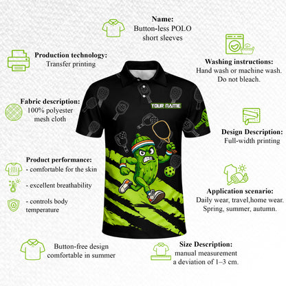 Pickleball Polo Shirt Funny Pickle Player Cartoon Custom Team Name Black Green Sport Design Unisex
