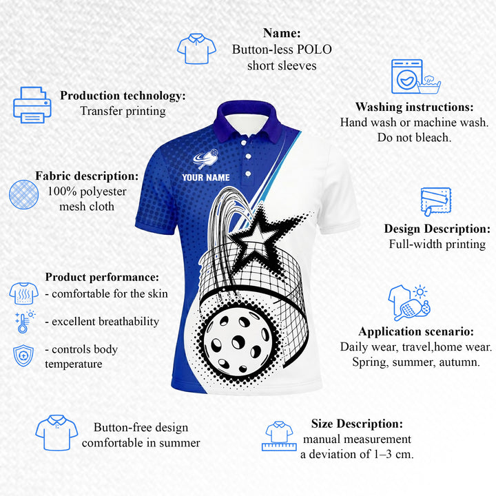 Men's Personalized Pickleball Polo Shirt, Custom Name & Team Halftone Star Ball Print, Moisture-Wicking Polyester, Blue White, Size S-5XL, 1-Pack
