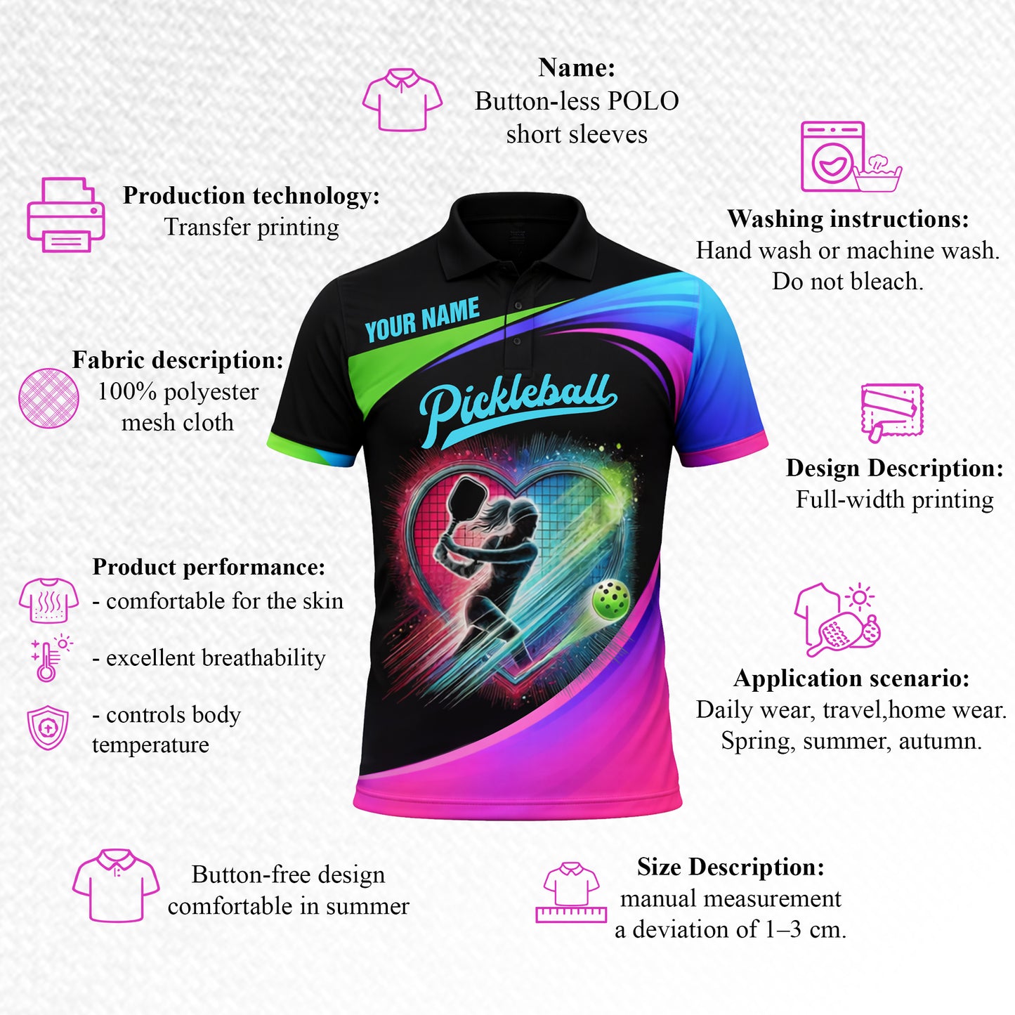 Personalized Pickleball Polo Shirt Neon Heart Player Graphic Custom Name Performance Polo for Women