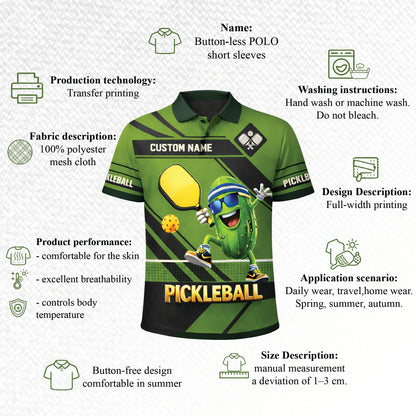 Pickleball Polo Shirt with Personalized Name, Green Short Sleeve Athletic Polo, 100% Polyester Mesh, Full-Width Print Design