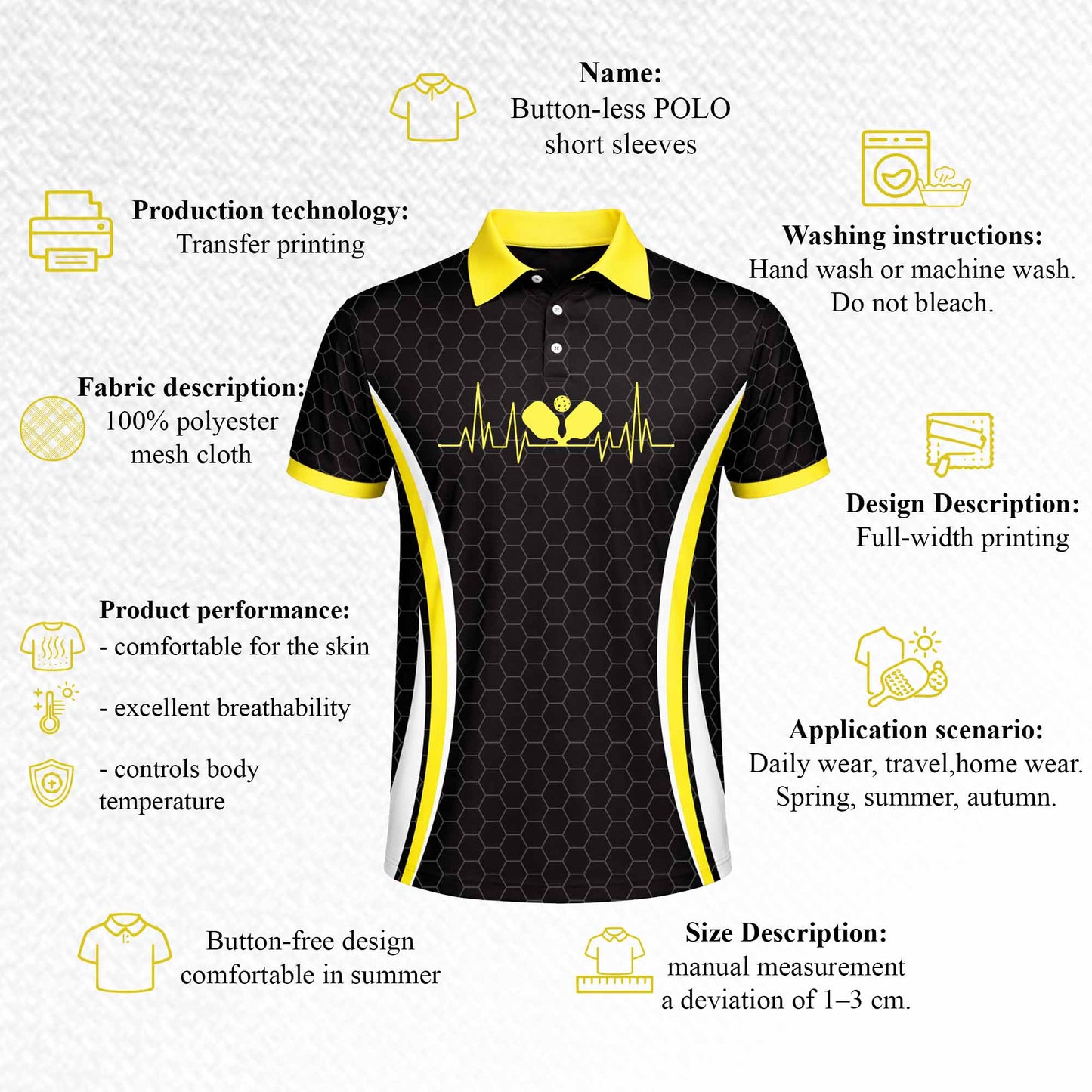 Custom Pickleball Polo Shirt Heartbeat Paddle Design Personalized Name Team Jersey Performance Unisex Shirt Black Yellow