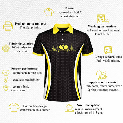 Custom Pickleball Polo Shirt Heartbeat Paddle Design Personalized Name Team Jersey Performance Unisex Shirt Black Yellow