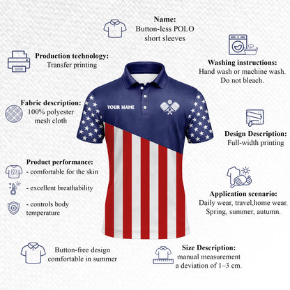 Men's American Flag Pickleball Polo Shirt, Custom Name Team USA Patriotic Short Sleeve Golf Polo for Pickleball Players