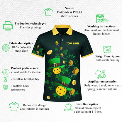 Custom Pickleball Polo Shirt St Patrick Day Personalized Name Team Green Pickleball Shirt Lucky Shamrock Performance Polo