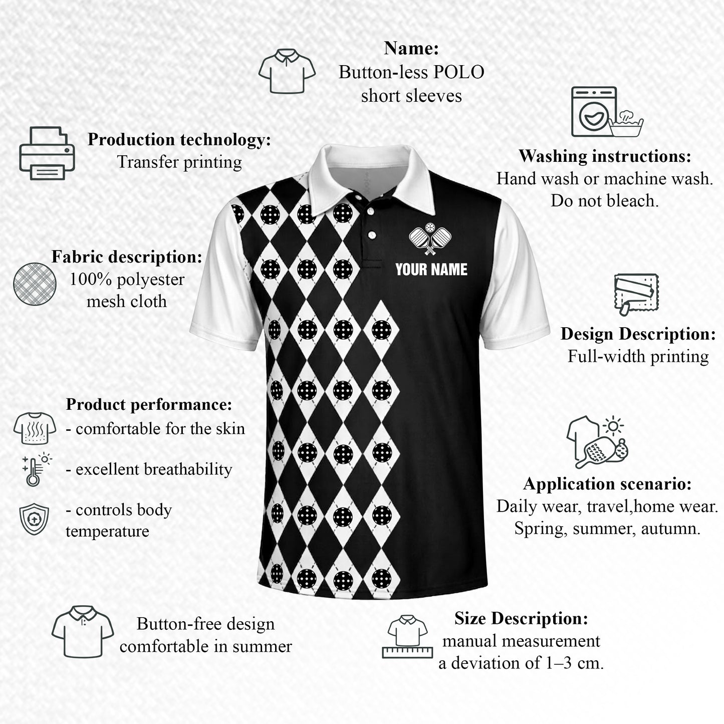 Custom Pickleball Polo Shirt Personalized Name Argyle Black White Performance Team Shirt Unisex