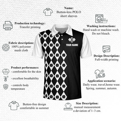 Custom Pickleball Polo Shirt Personalized Name Argyle Black White Performance Team Shirt Unisex