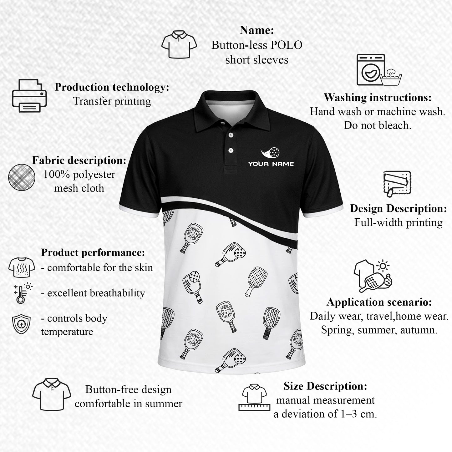 Custom Pickleball Polo Shirt Black White Paddle Pattern Personalized Name Team Shirt