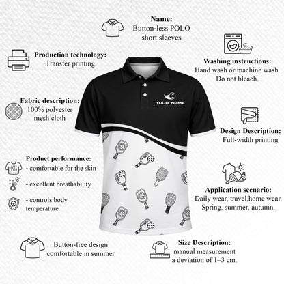 Custom Pickleball Polo Shirt Black White Paddle Pattern Personalized Name Team Shirt