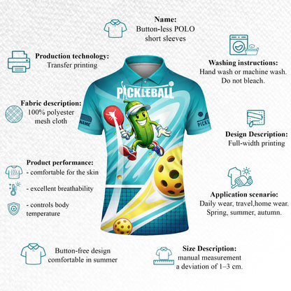 Pickleball Funny Cartoon Pickle Player Polo Shirt Custom Name Sport All Over Print Breathable Unisex Shirt