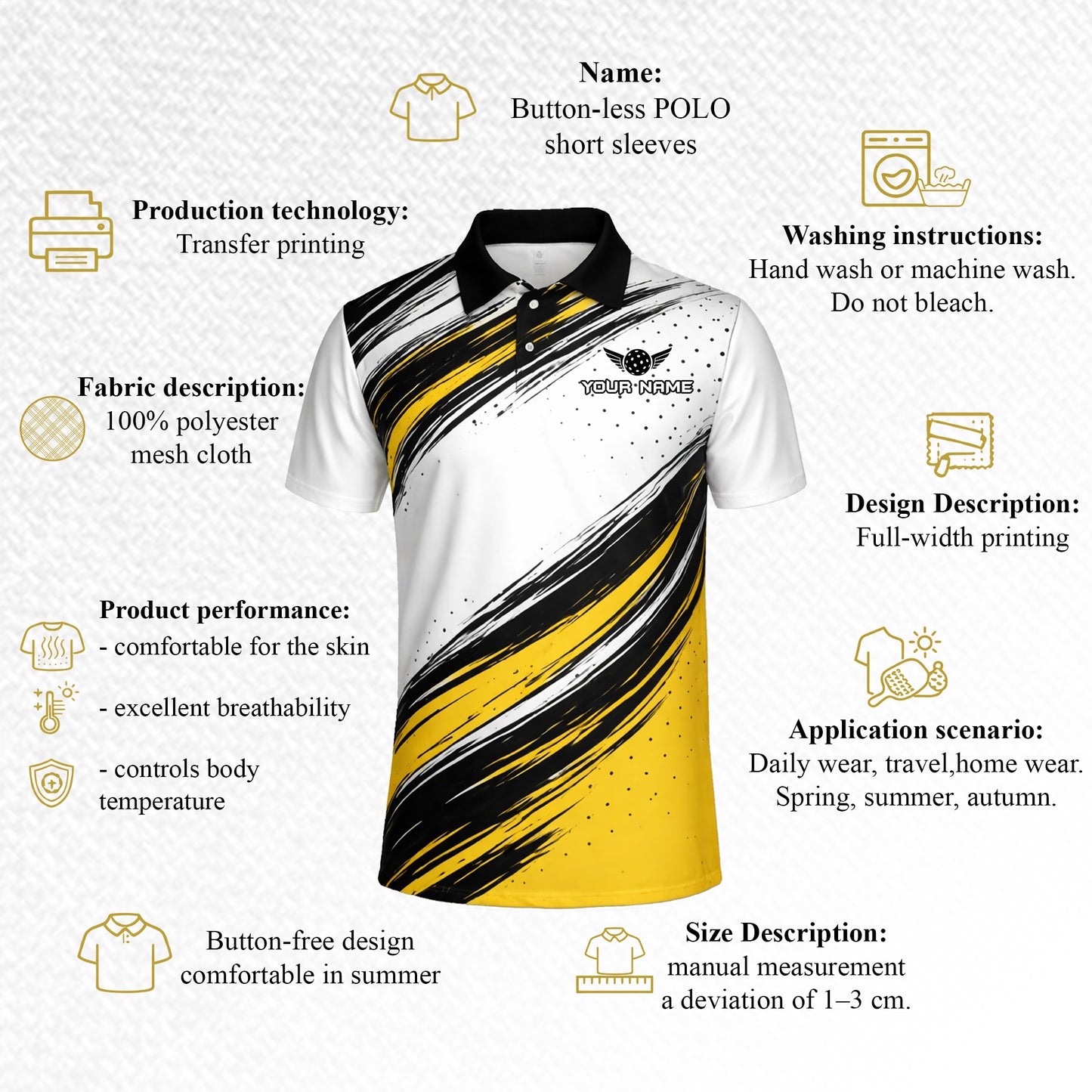 Custom Pickleball Polo Shirt Yellow Black White Brush Stroke Personalized Team Shirt Performance Polo