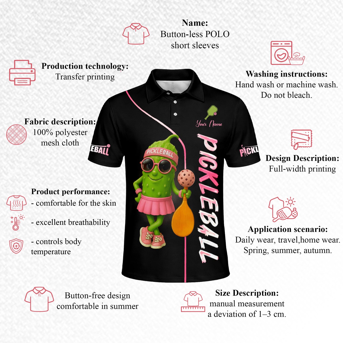 Women Pickleball Polo Shirt Cute Pickle Character Pink Style Custom Name Breathable Performance Polo