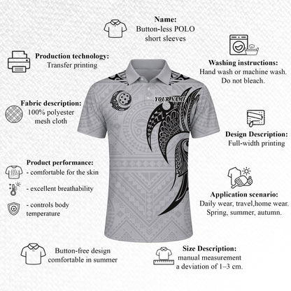 Pickleball Polo Shirt Custom Name Polynesian Tribal Style Performance Shirt Grey