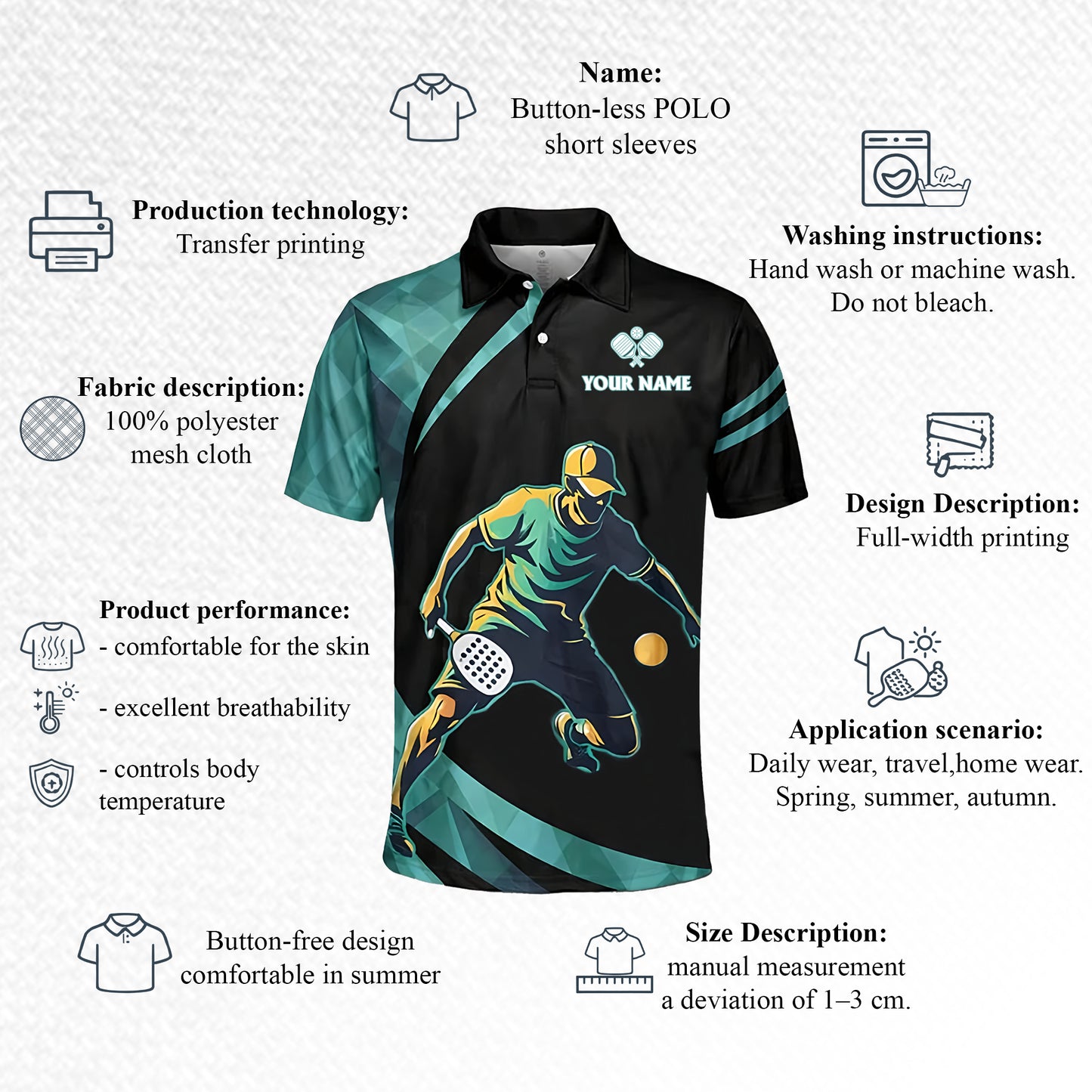 Pickleball Polo Shirt Custom Name Team Name Black Teal Performance Athletic Shirt